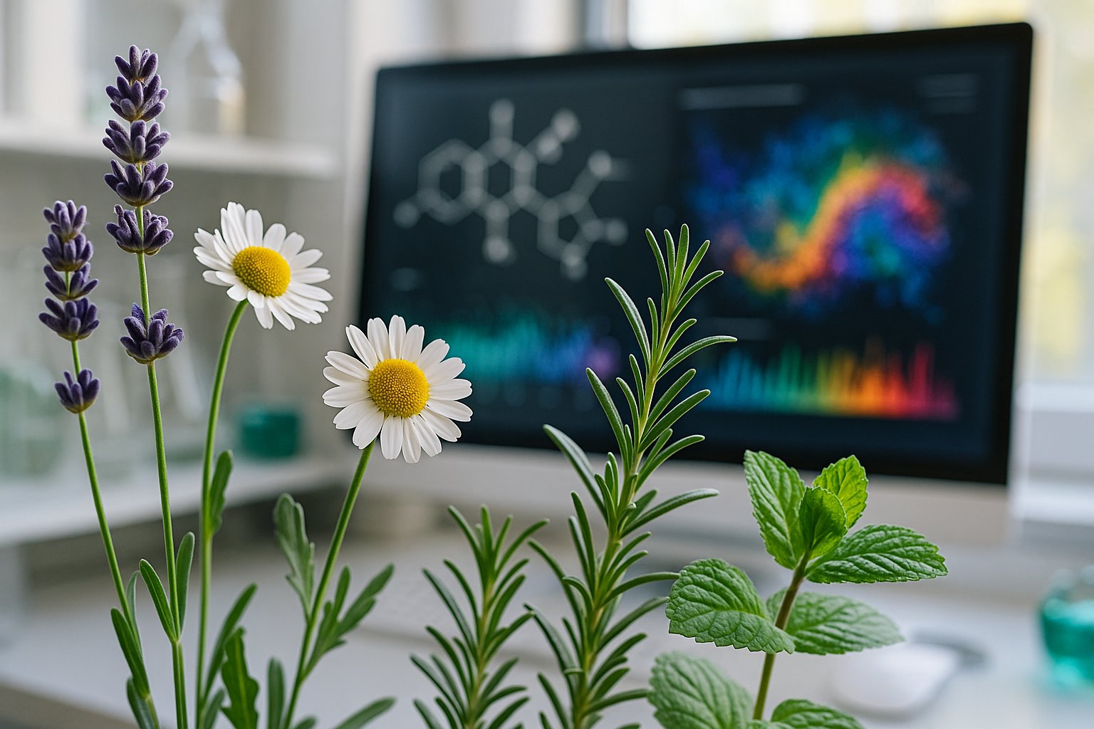 Macro view of aromatic plants in a laboratory with AI molecular data on a screen