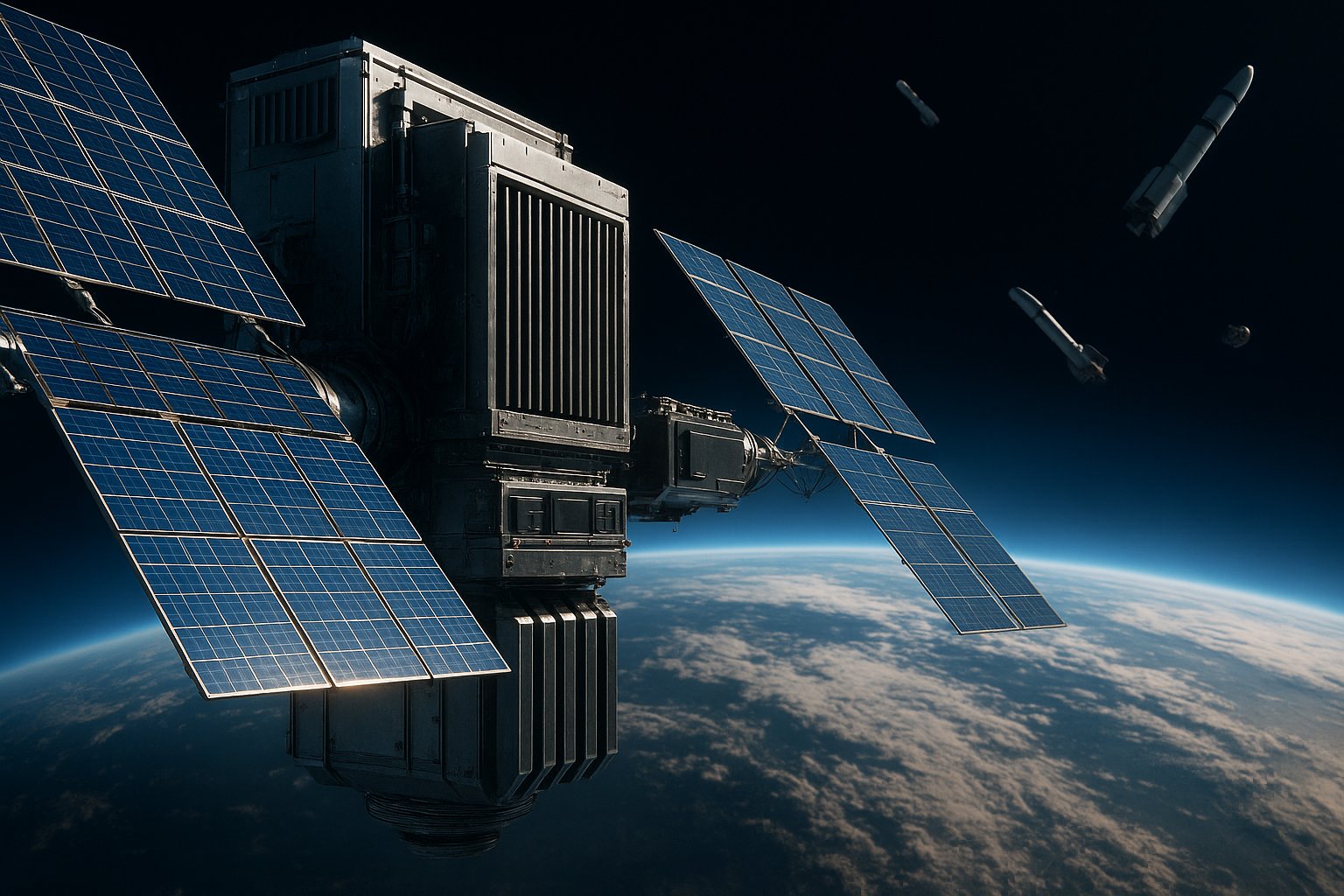 A futuristic satellite data center with solar panels orbiting Earth, showcasing the environmental impacts of space-based AI technology.