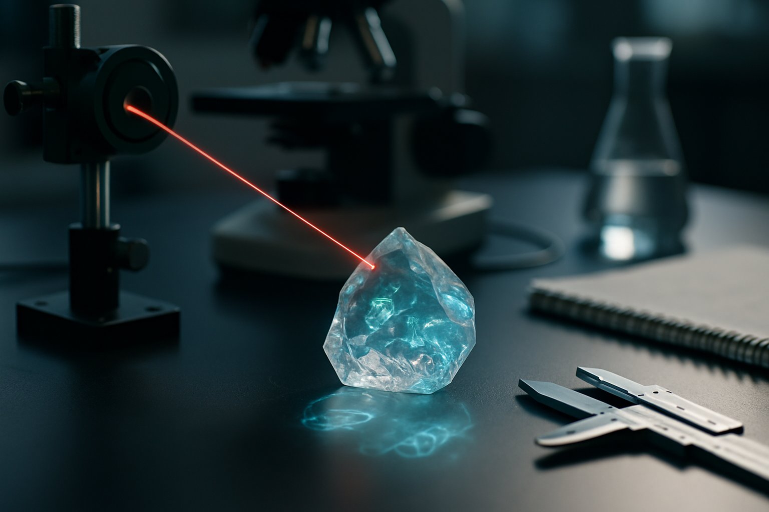 Crystal on a lab table glowing under laser light, symbolizing quantum physics discovery