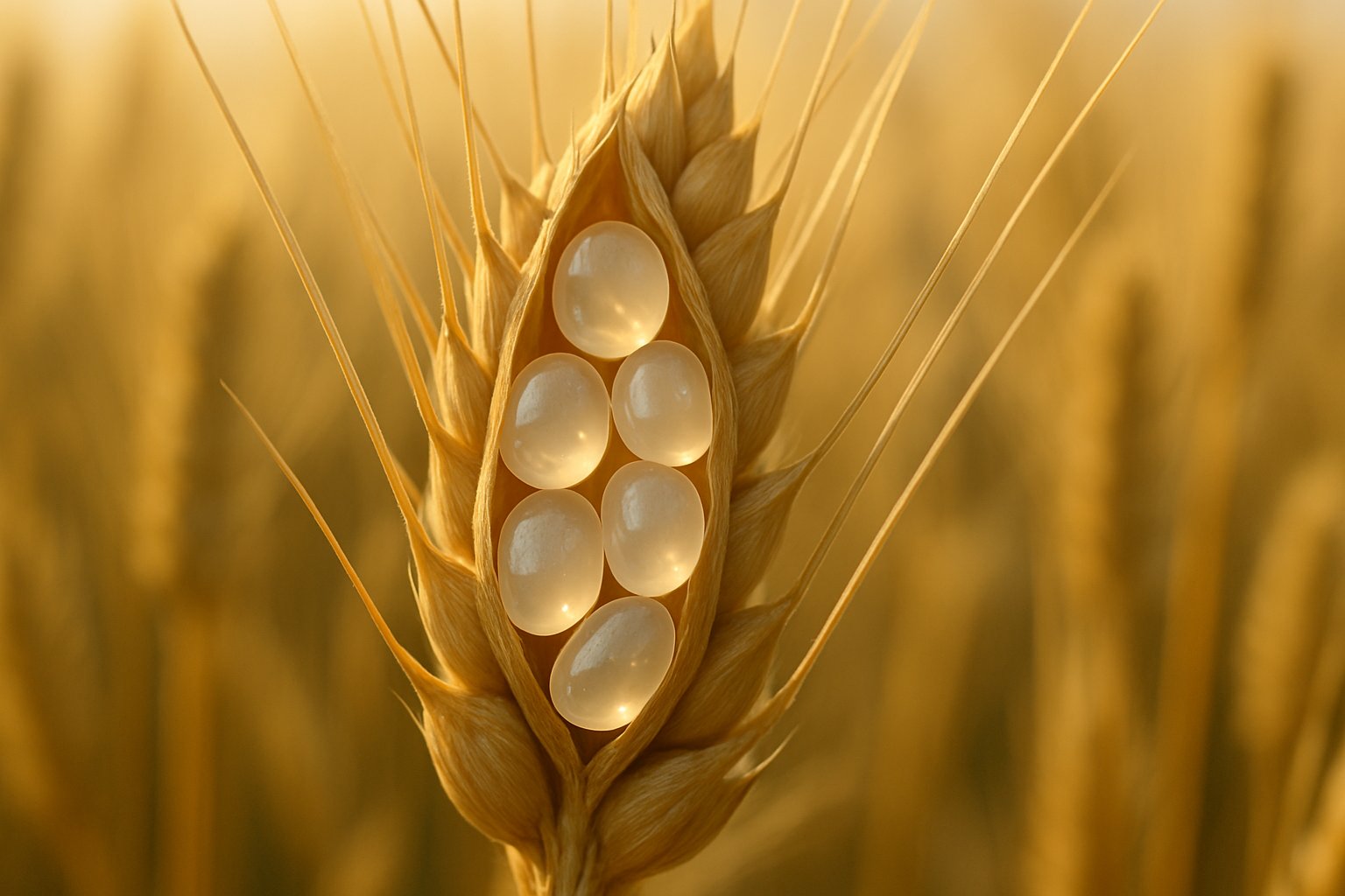 Bioengineered wheat in a field showing oversized starch granules inside grains