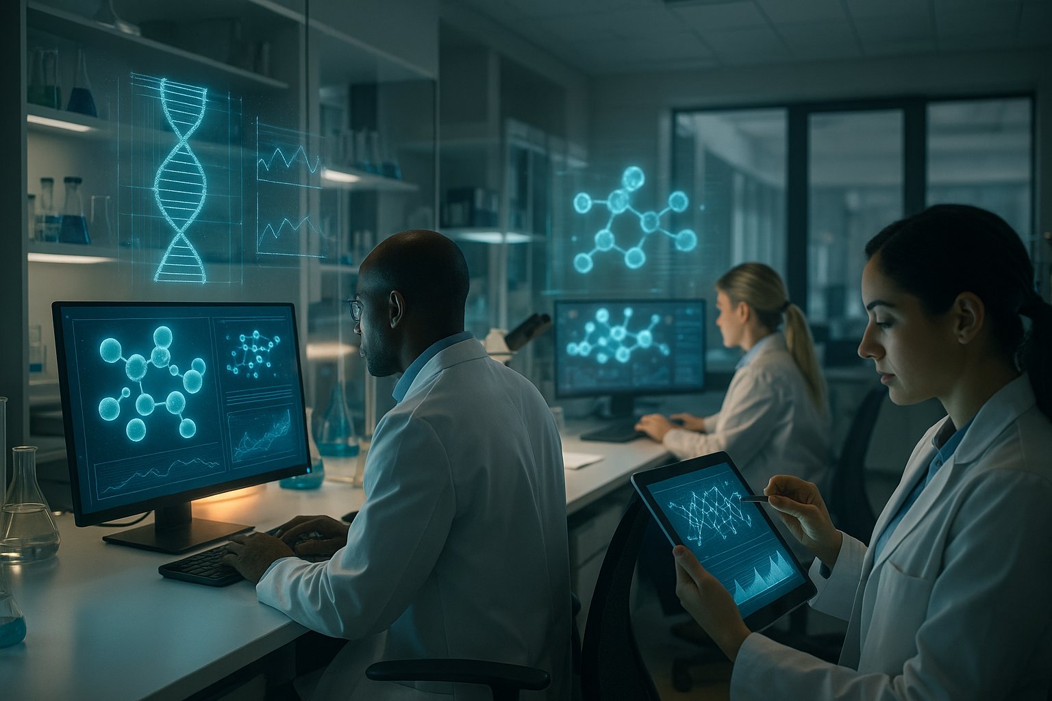 Researchers in a modern lab using AI tools to analyze scientific data and literature.