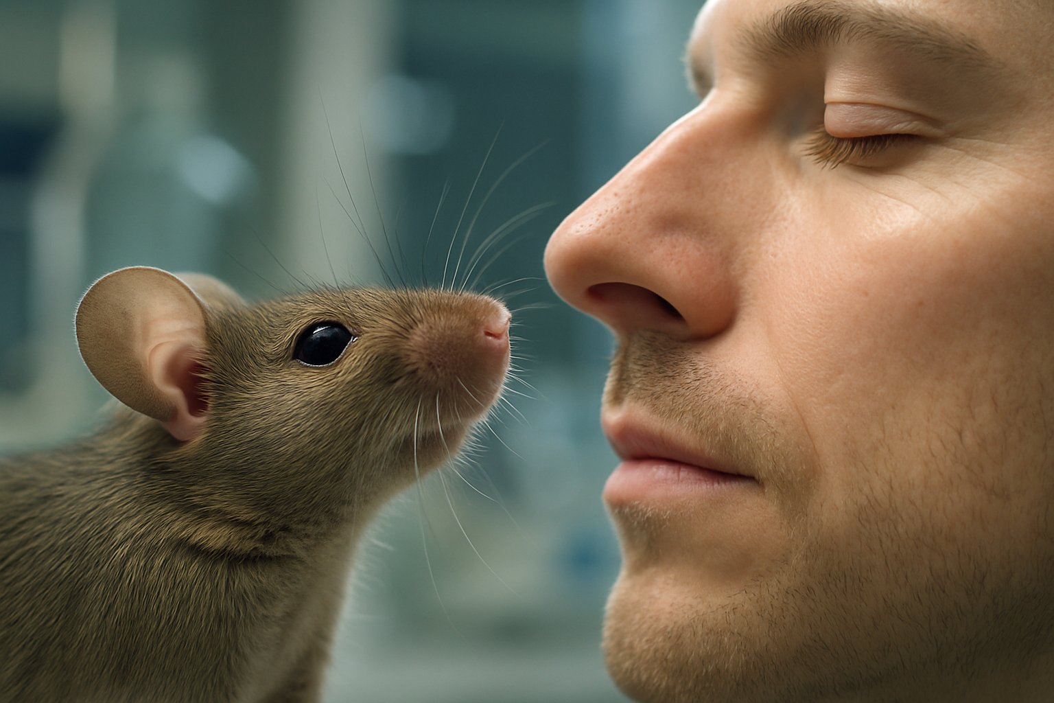 A mouse and a human both sniffing the air, illustrating shared mammalian sense of smell in a scientific context