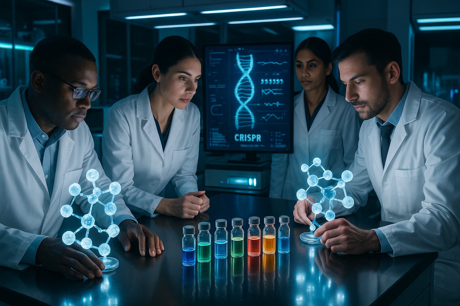 Scientists in a modern lab analyzing CRISPR gene editing with small molecule switches and advanced digital displays