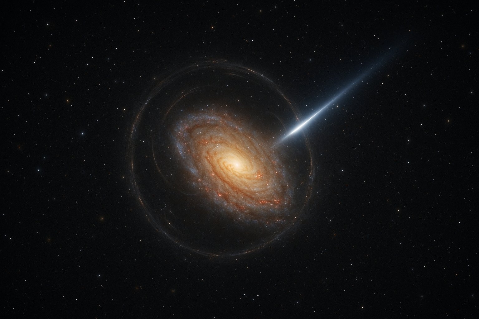 Distant galaxy with a blazar jet, gravitational lensing arcs, and cosmic star field