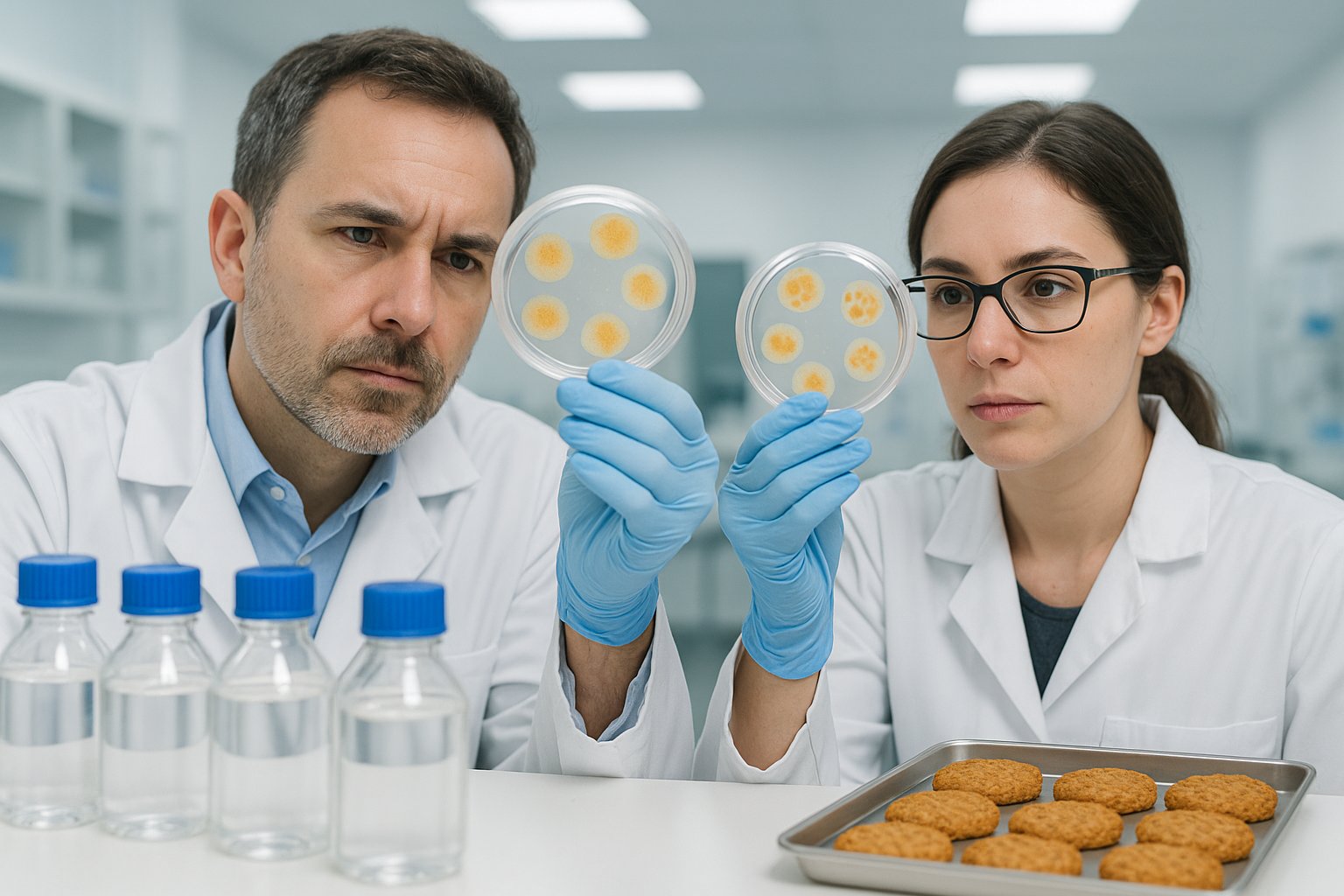 Scientists examining yeast colonies in a lab with plastic bottles and protein cookies in the background