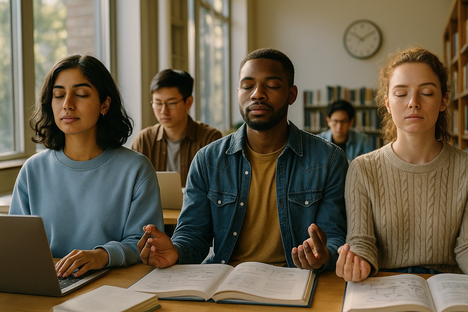 Diverse university students meditating and studying STEM subjects, symbolizing mindfulness and patience in academia