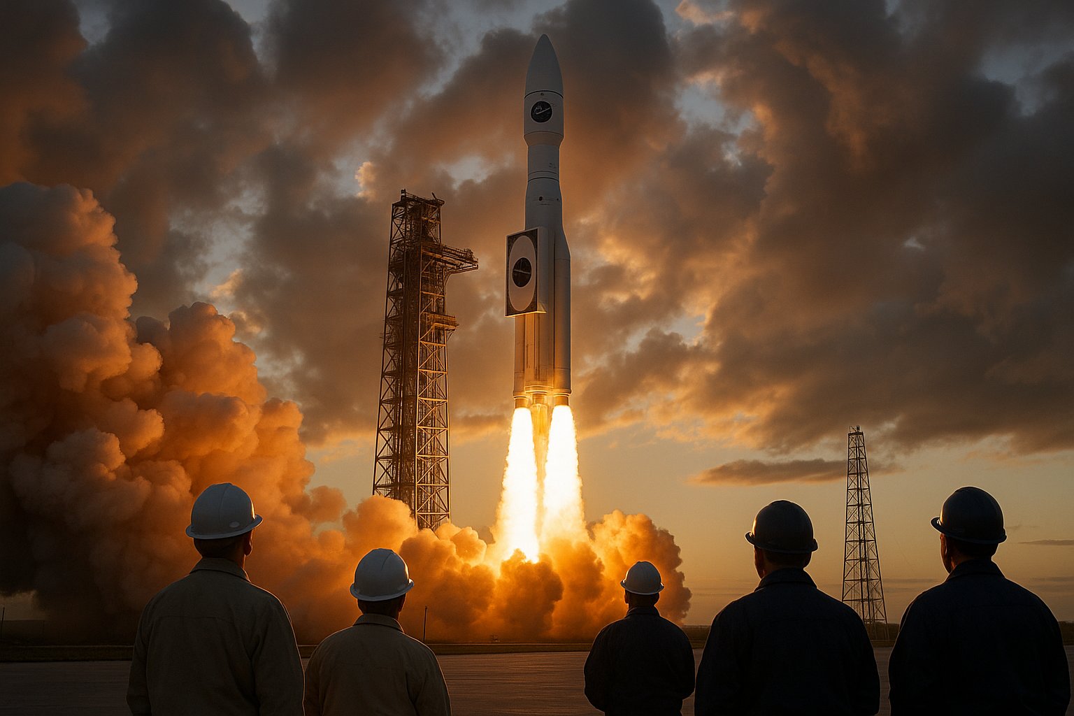 NASA's Roman Space Telescope launches on a rocket at dawn with dramatic clouds and engineers observing.