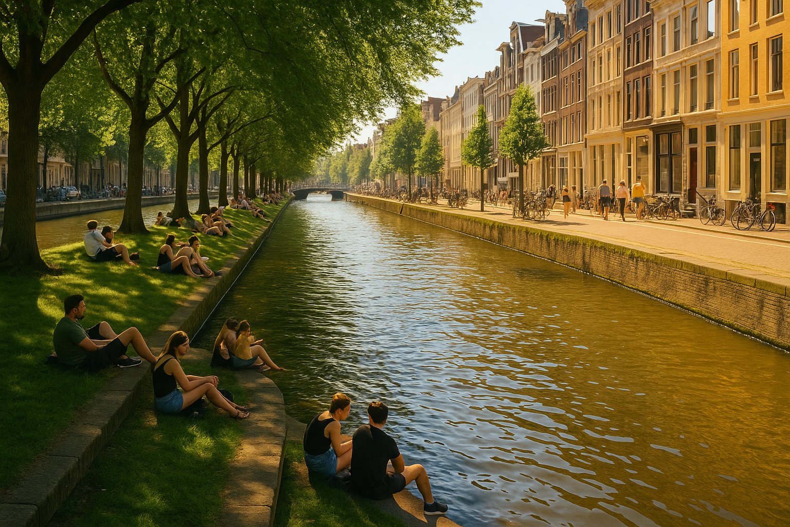 Urban canal cooling a city during a summer heat wave, with people enjoying shade beside the water.