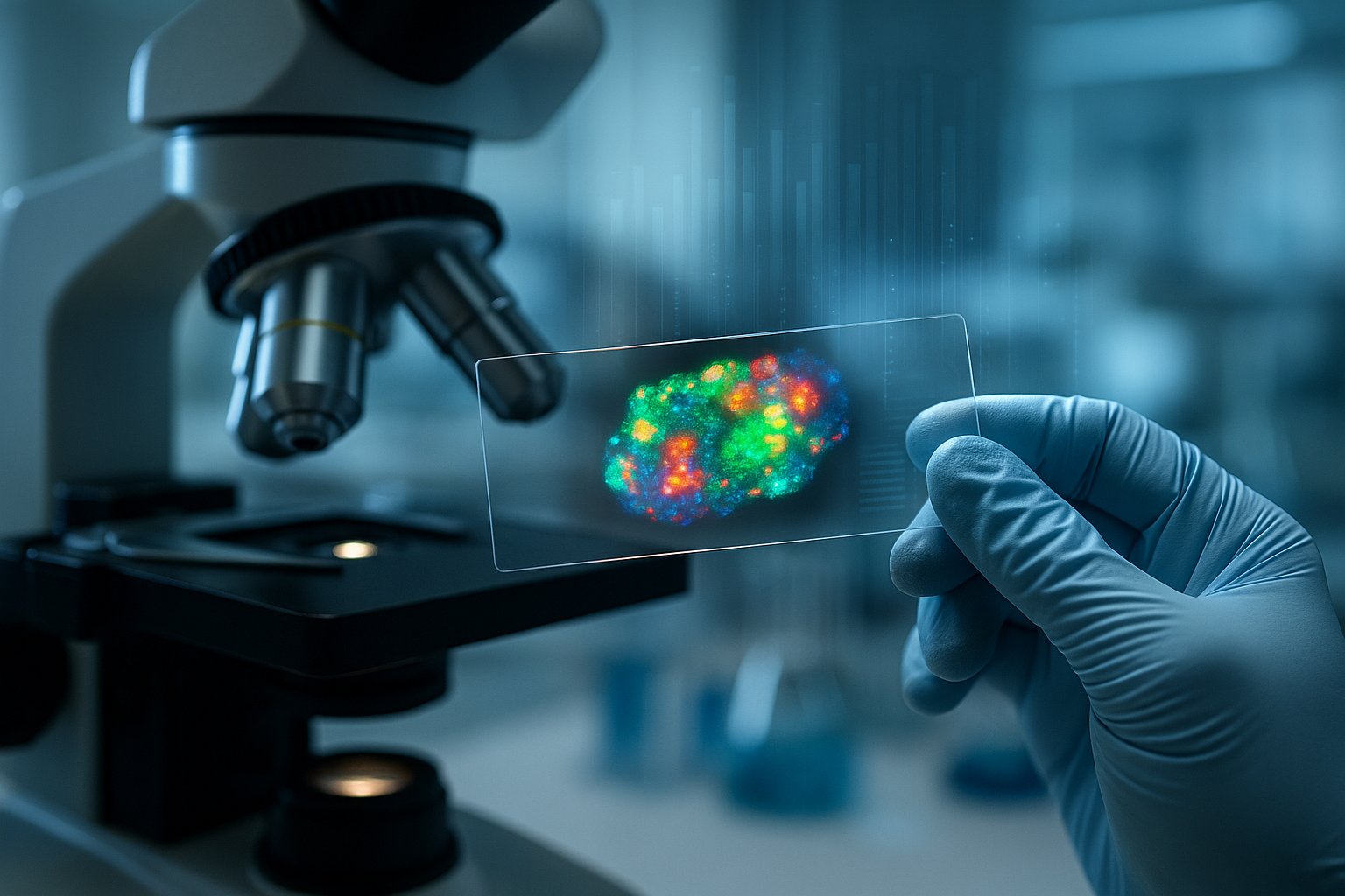 Scientist examines fluorescently labeled tissue samples under microscope to identify senescent 'zombie' cells with AI-powered barcode technology