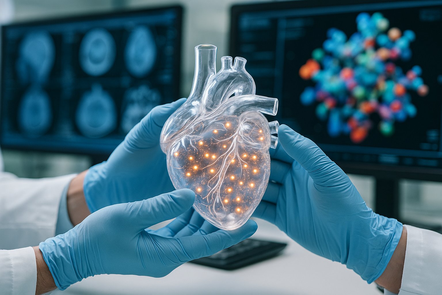 Scientists examining a 3D organ model with nanoparticles, scientific screens in background