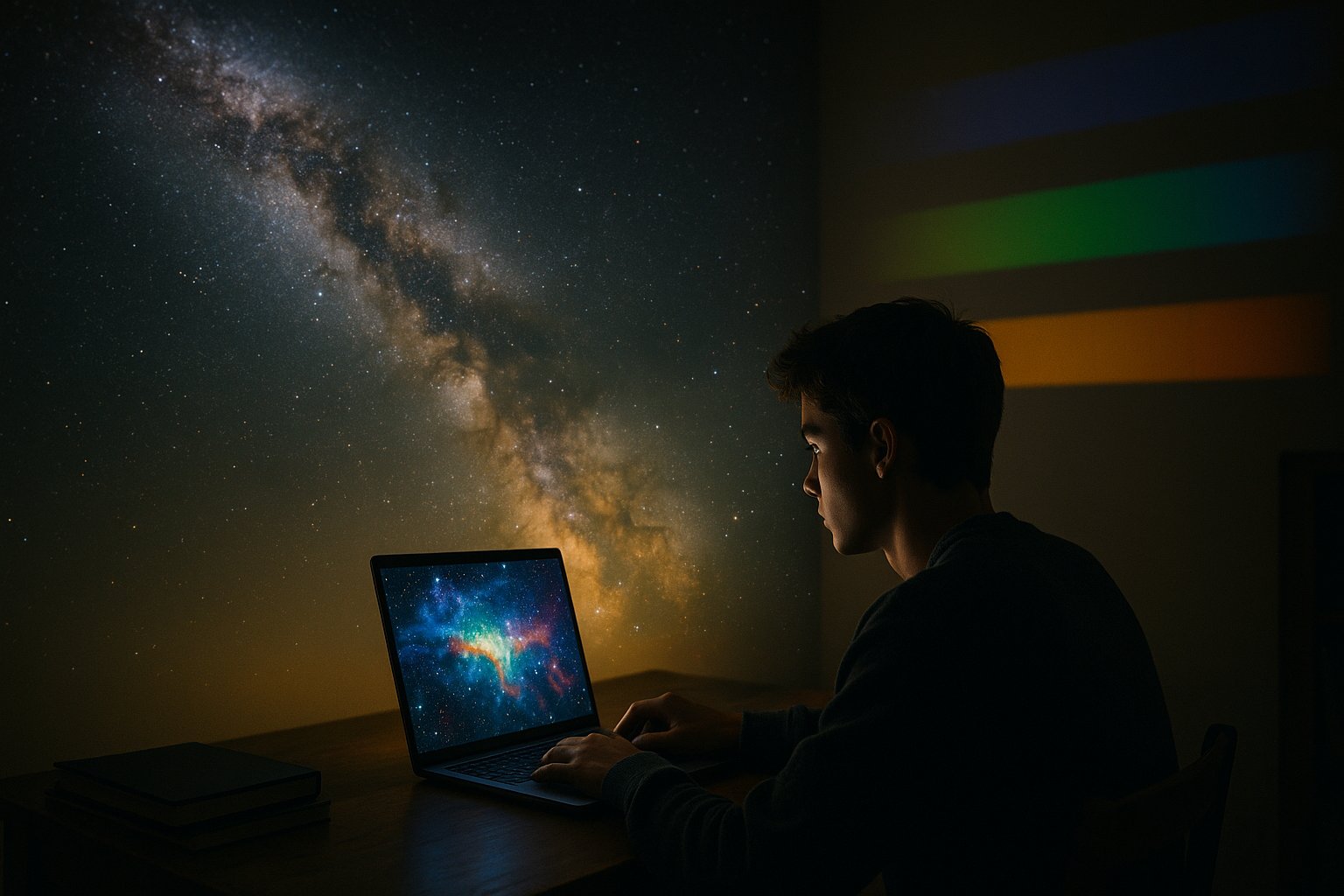 Student analyzing digital sky survey data on a laptop, surrounded by cosmic maps and star charts.