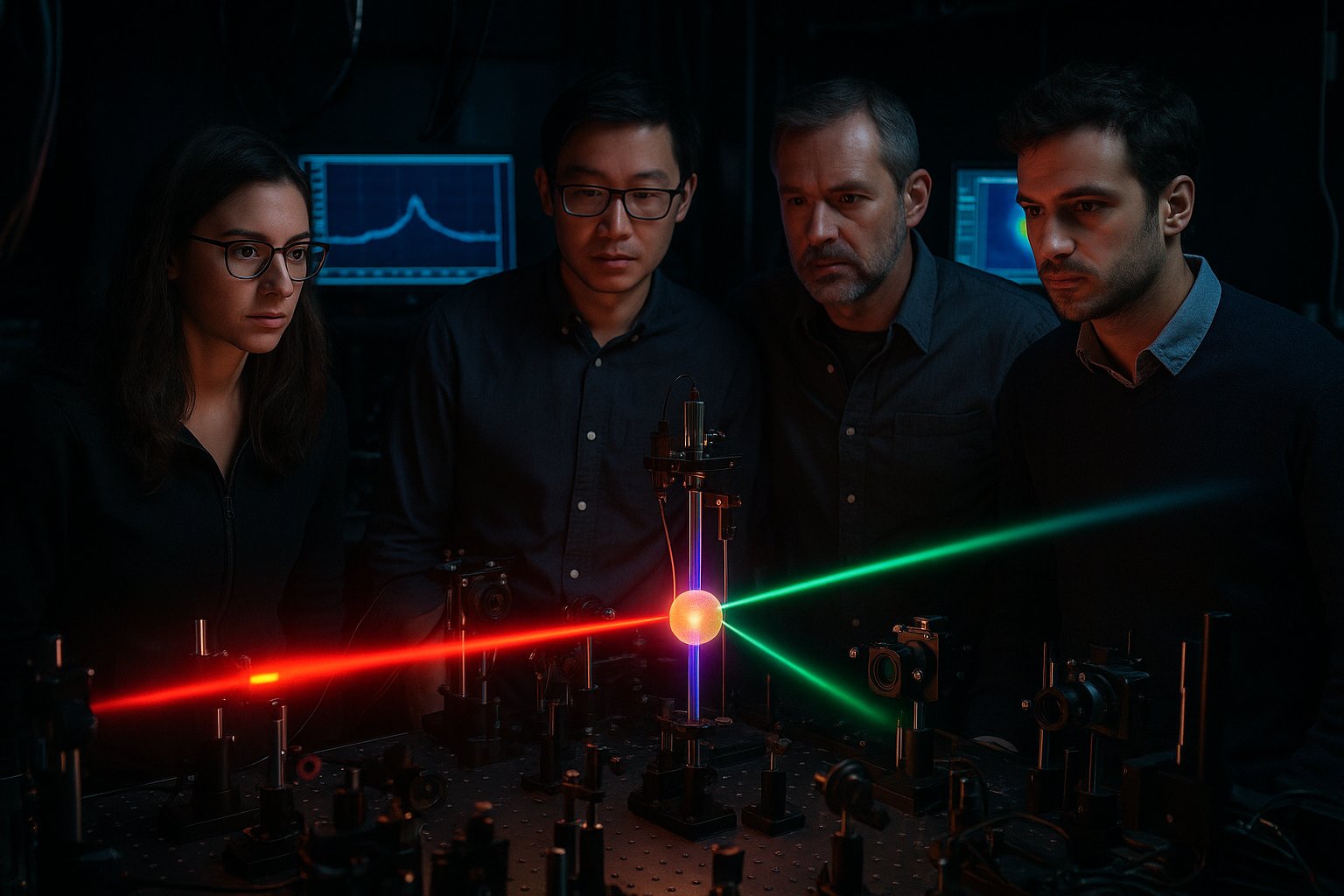 Physicists in a laboratory observe ultracold cesium atoms with laser beams, illustrating Bethe string discovery