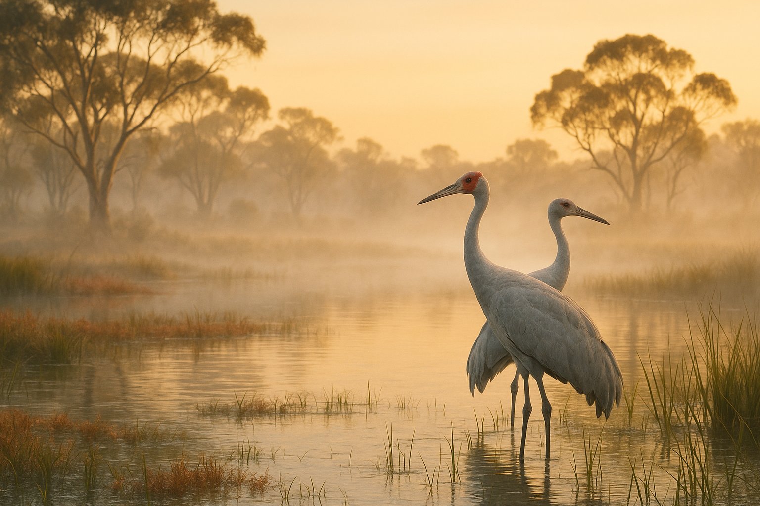Australian brolgas in a dawn wetland, highlighting conservation and biodiversity.