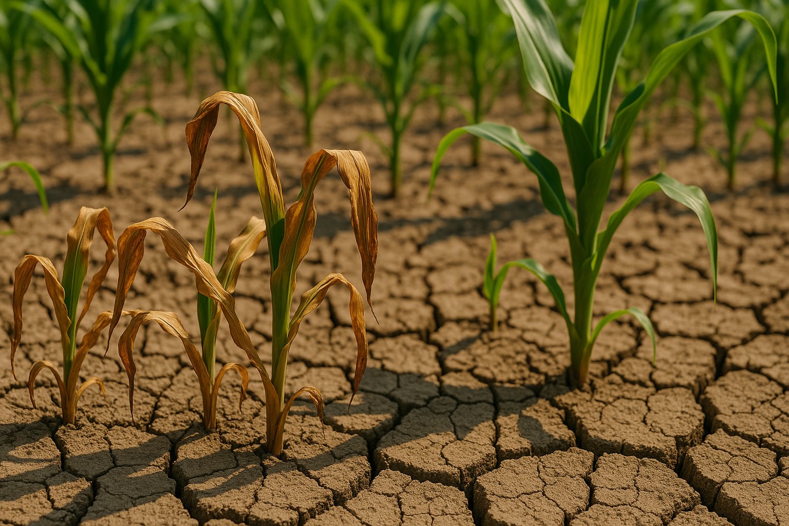 Young corn plants in a field, some wilted from drought while others remain green and healthy, with cracked soil beneath.