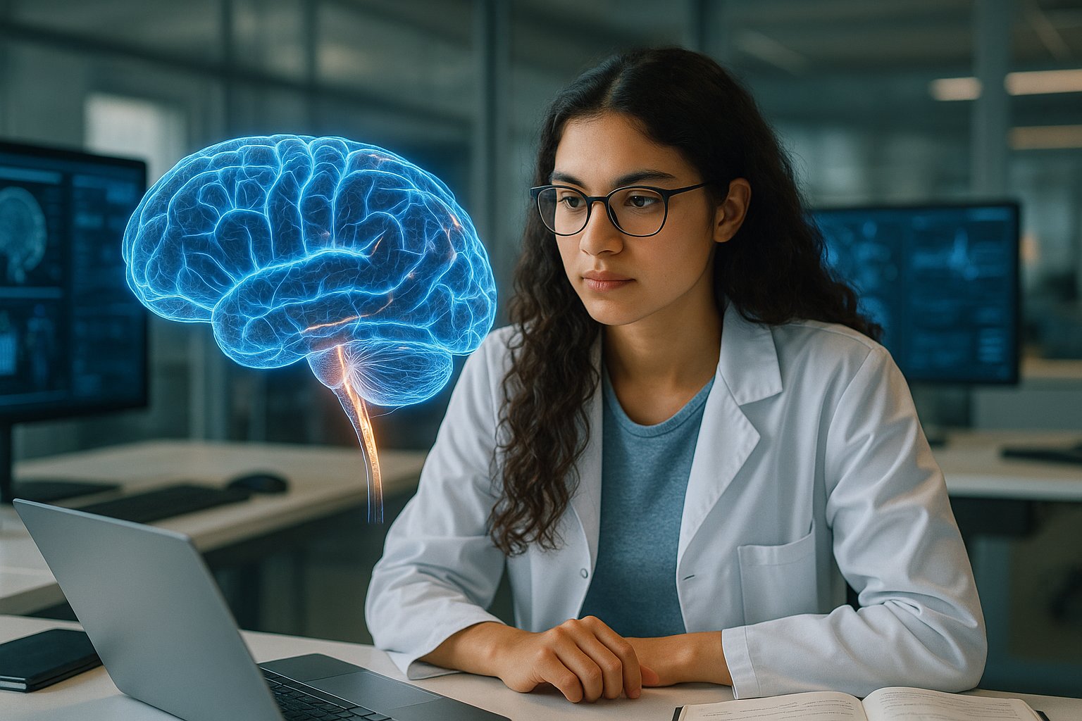 Student in neuroscience lab studying brain pathways and vagus nerve on interactive digital display